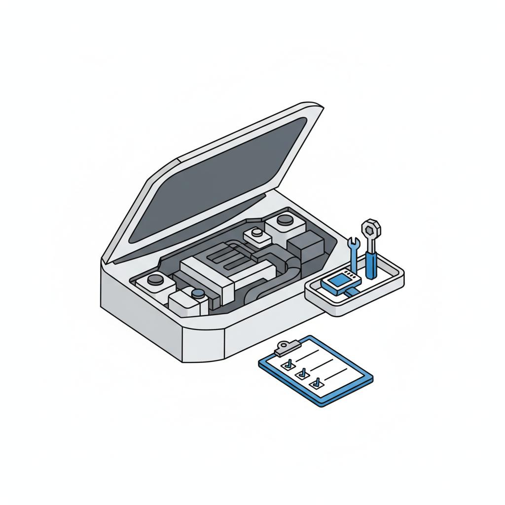 Is Nada better than KBB? Minimalist 2D vector of an open car hood with simplified engine bay tools on a tray and a clipboard showing a checkbox checklist accented in blue