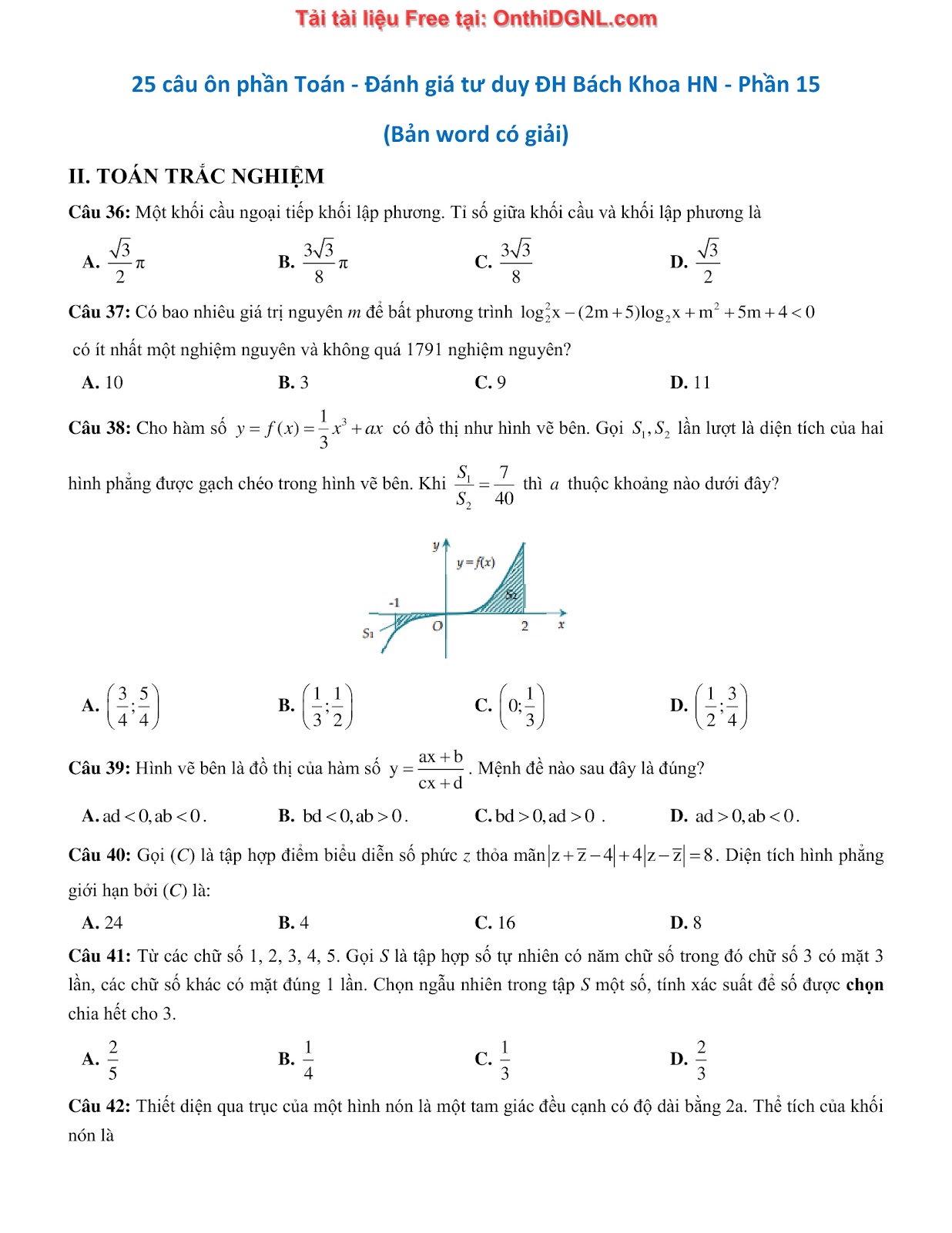 475 bài tập môn Toán - Ôn thi ĐGTD ĐH Bách Khoa Hà Nội Phần 15
