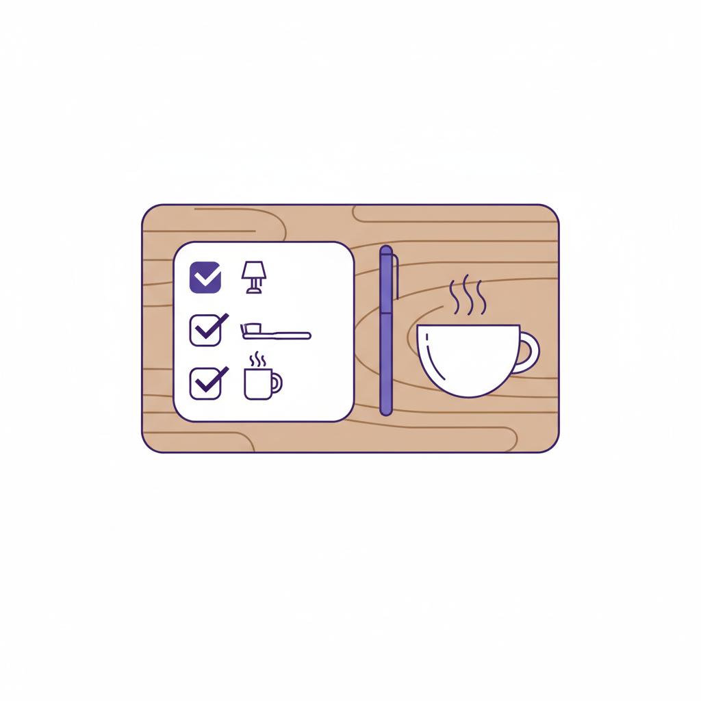 Minimalist 2D vector of a bedside checklist with three icon rows a pen and a steaming cup of herbal tea representing bedtime hygiene routine on a white background in Talk About Sleep colors