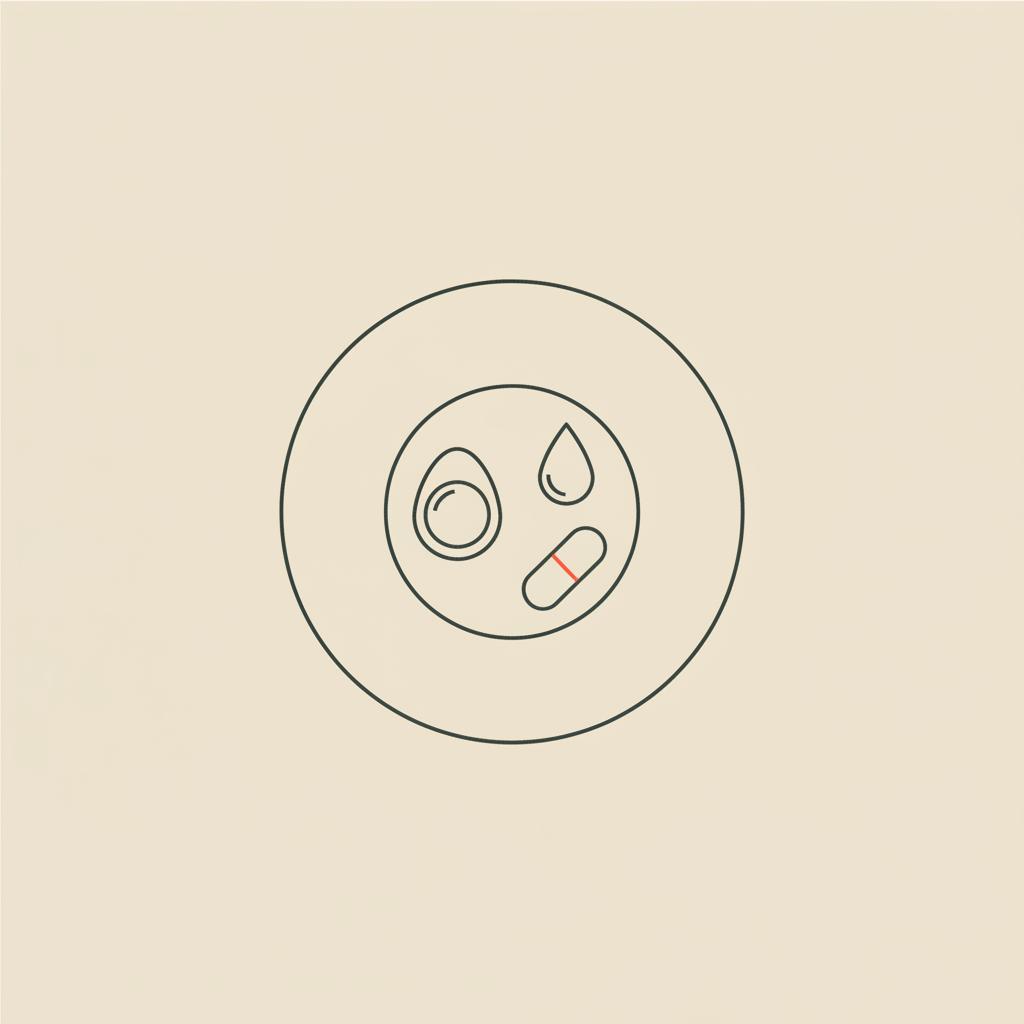 Minimalist line illustration of a plate with an egg outline, water droplet and small capsule on beige background to reduce food cravings