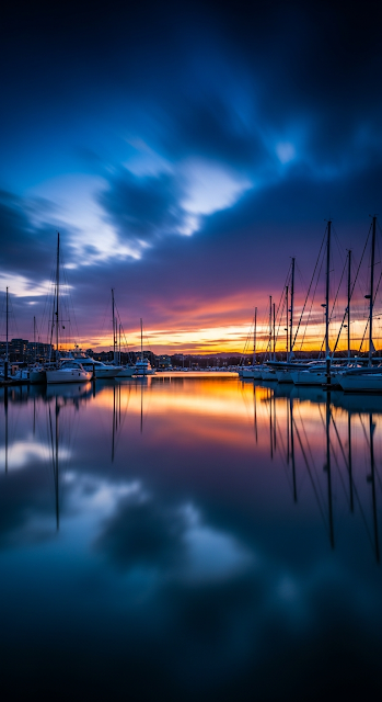 Dramatic Sunset Boats Yacht Harbor City Reflection Long Exposure - Free mobile Wallpaper