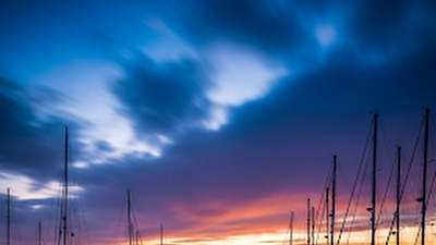 Dramatic Sunset Boats Yacht Harbor City Reflection Long Exposure