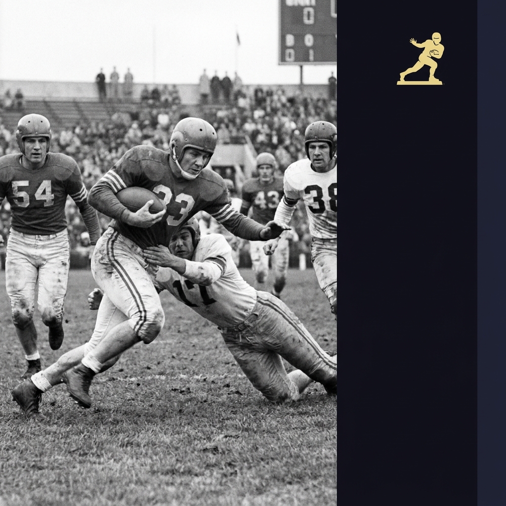 Vintage black and white action photo of Georgia Bulldogs with Frank Sinkwich and subtle Heisman silhouette overlay, contextual georgia auburn point spread
