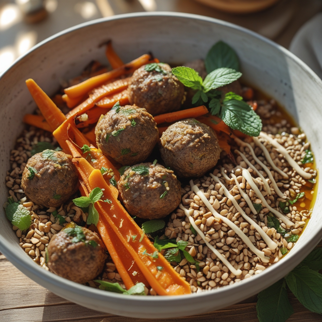 Moroccan-Spiced Lamb Meatball Power Bowls with Freekeh & Roasted Rainbow Carrots