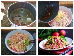 Bắc chảo lên bếp cùng chút dầu ăn sau đó cho ớt khô vào phi thơm. Sau đó cho hỗn hợp dầu ớt vào trộn đều món gỏi với rau ngò. Cuối cùng trình bày ra đĩa và thưởng thức!