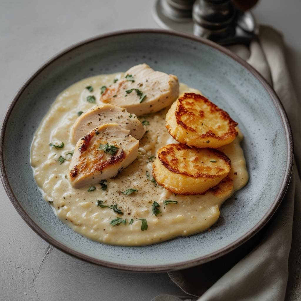 Creamy Tuscan Chicken & Crispy Polenta Medallions