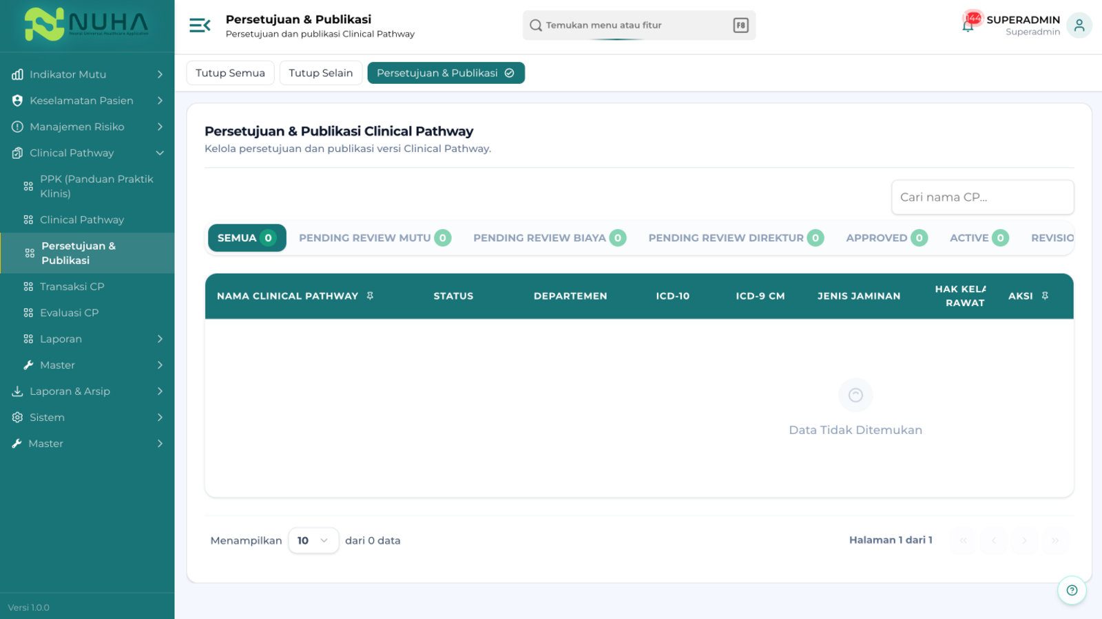 Tampilan fitur Persetujuan & Publikasi pada Clinical Pathway NUHA Mutu