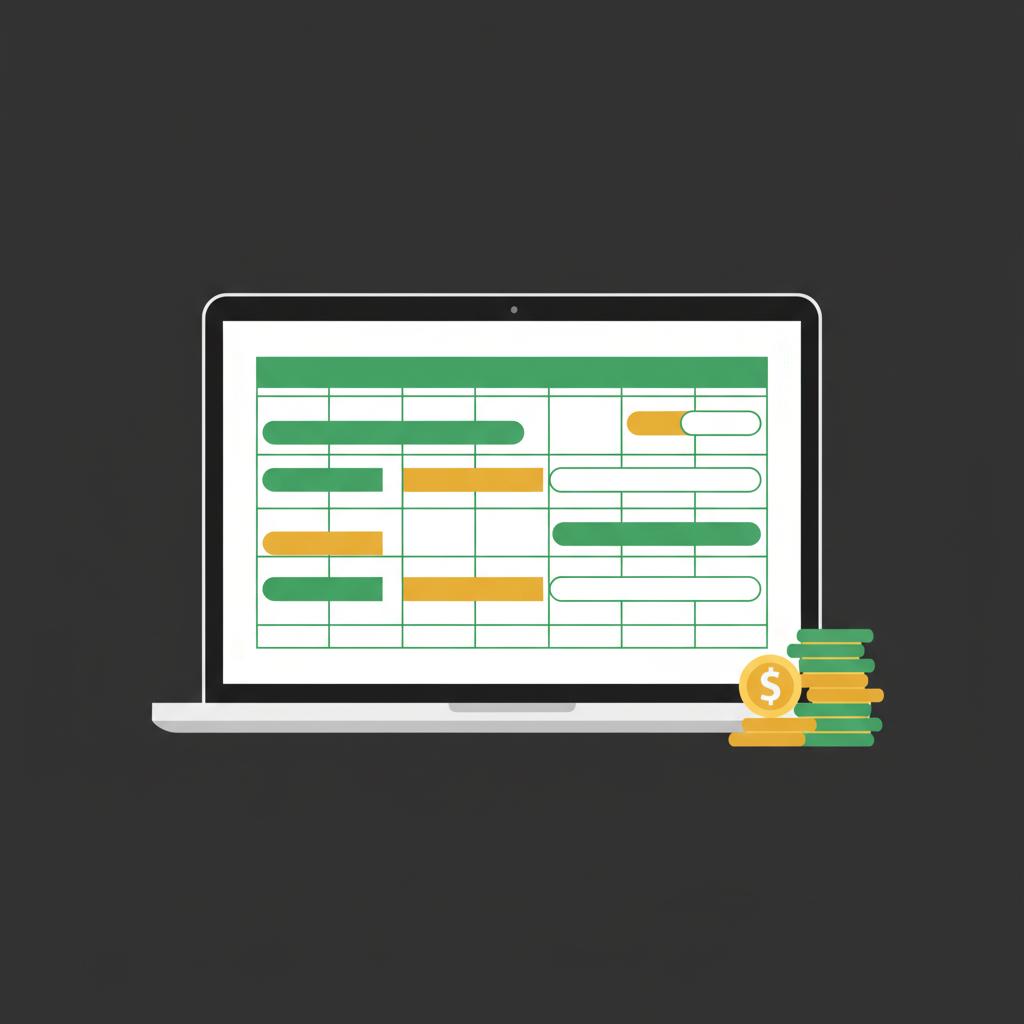 Minimalist 2D vector laptop showing a simple sequence of returns spreadsheet with colored scenario rows green and gold for financial independence tips