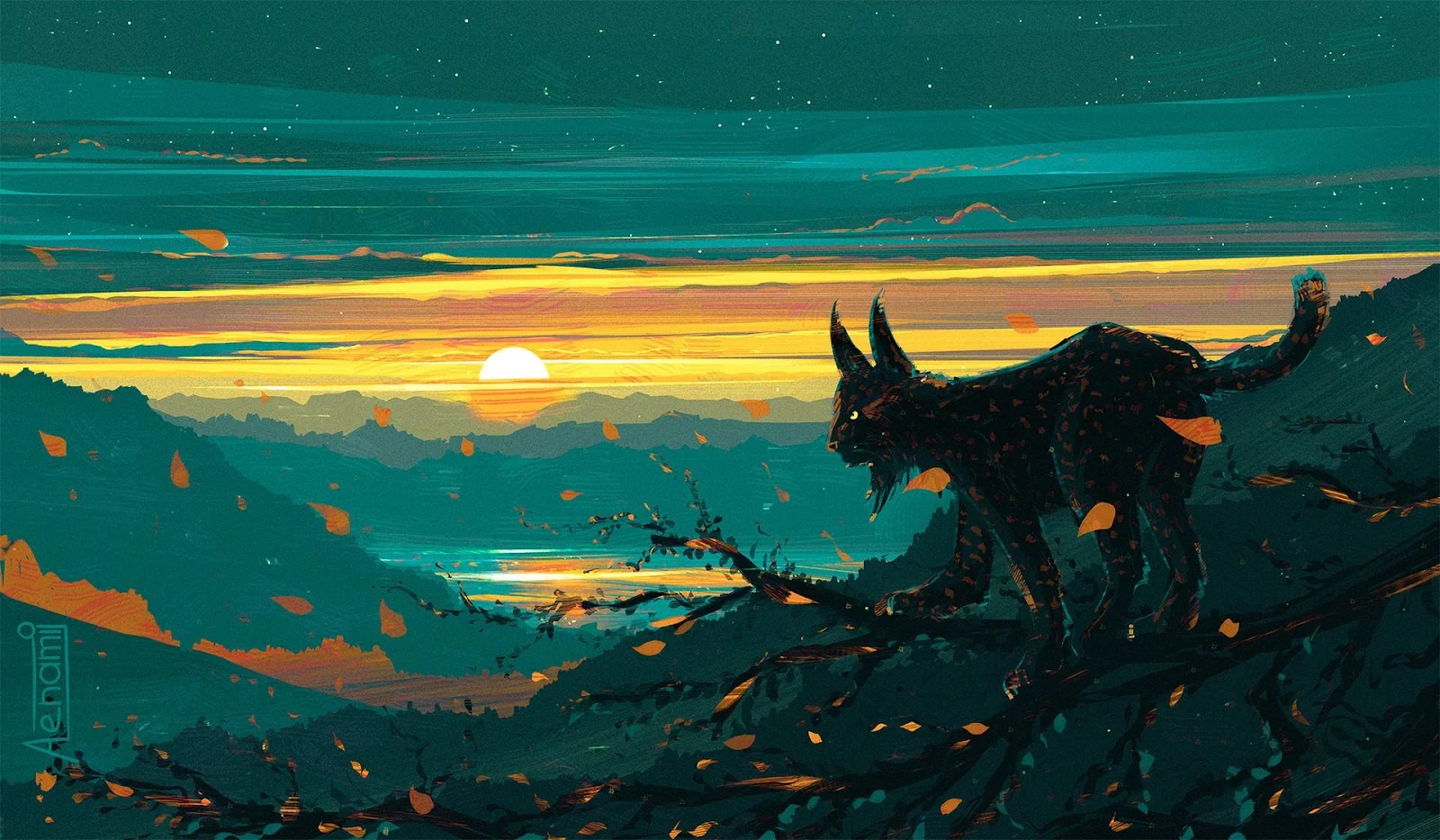 Wild Lynx Watching The Sunset Glow - Vibrant Digital Painting Full HD Wallpaper (1920x1120)