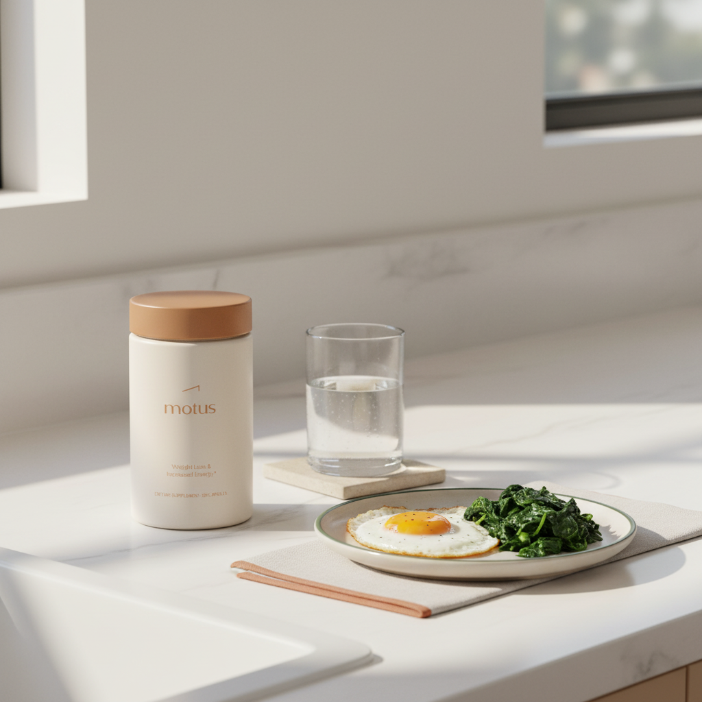 Minimal still-life of the Tonum Motus supplement jar beside a plate of eggs and spinach and a glass of water on a clean #F2E5D5 countertop, highlighting bariatric surgery weight-loss nutrition.