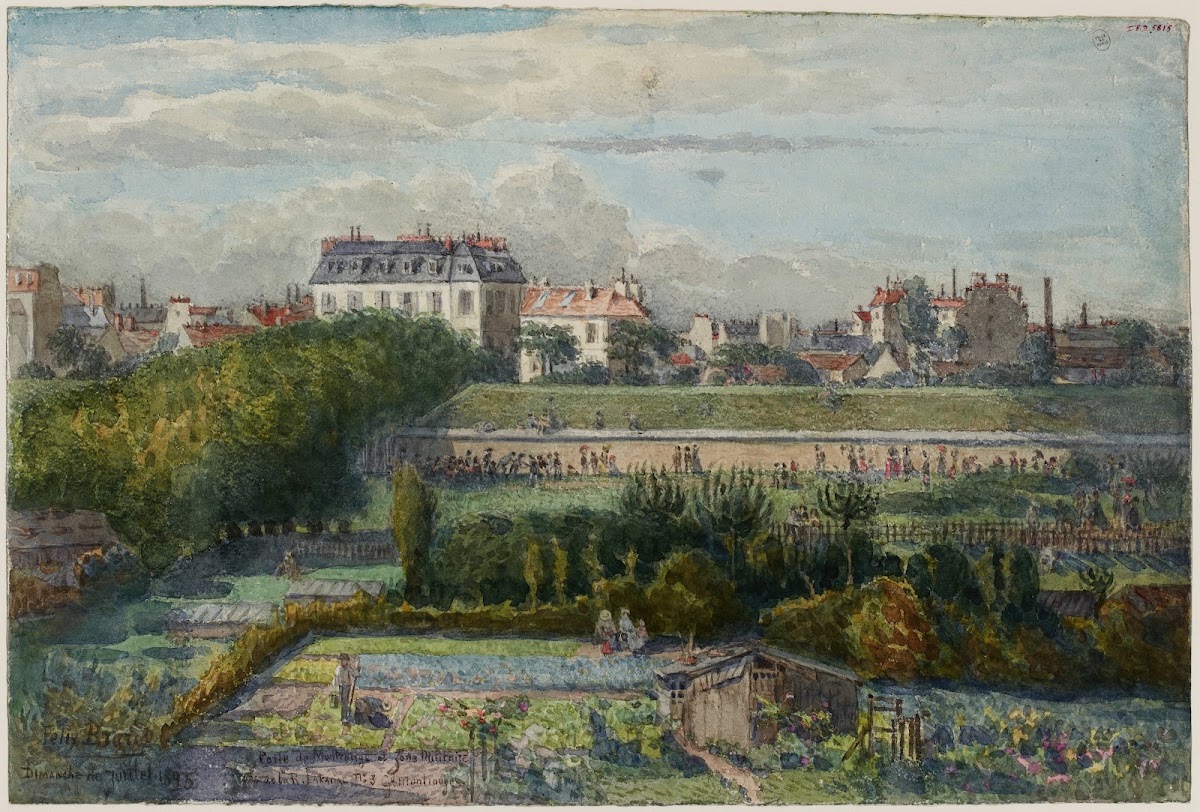 Vue de la porte de Montrouge et des jardins prise de la rue Lakanal au Grand Mon