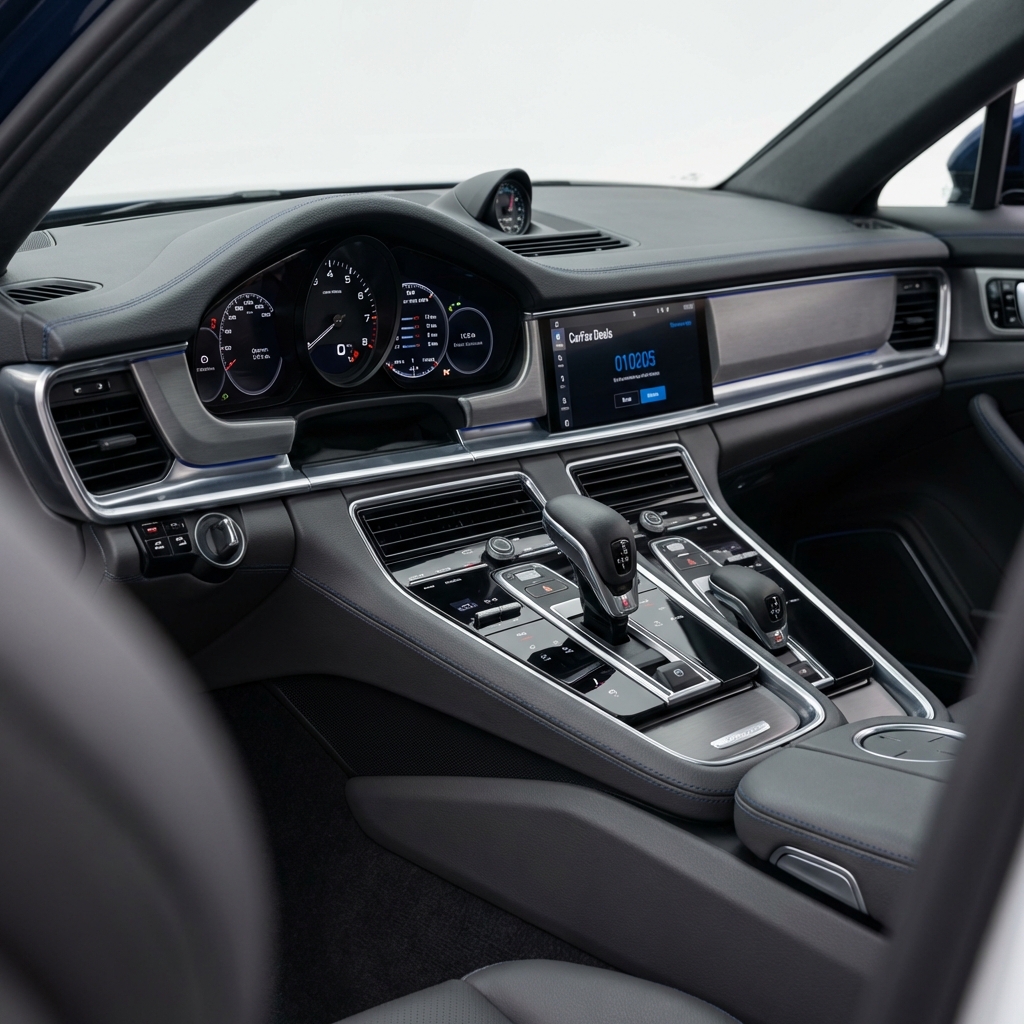 Close up of Porsche Panamera dashboard bespoke trim in neutral studio lighting on white background porsche panamera for sale