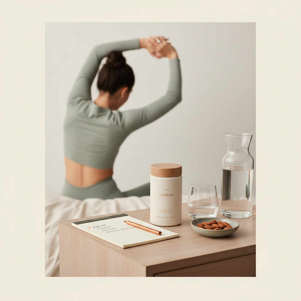 Minimal bedside scene with Tonum Motus jar beside a notepad, almonds, and water carafe, woman stretching blurred in background — what burns the most belly fat for women