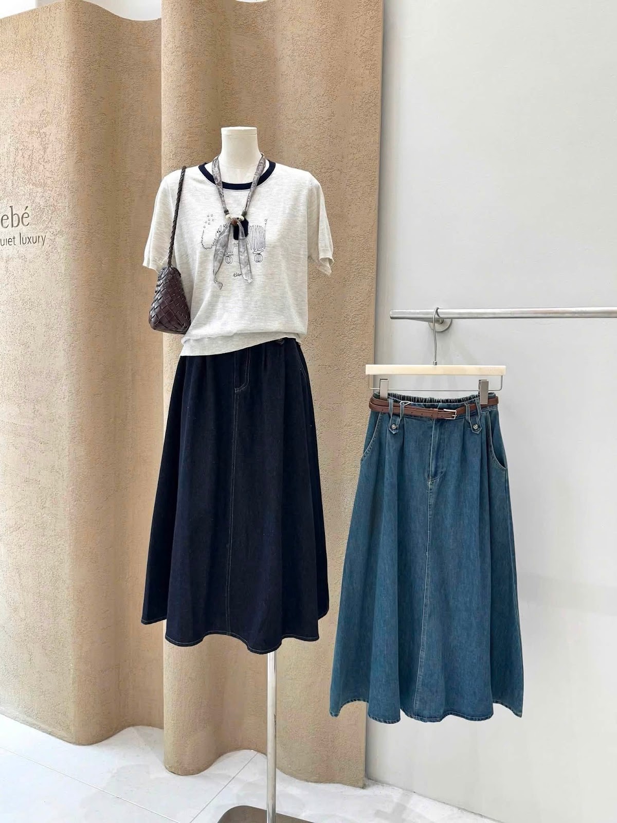 Chân váy dài jean xòe đính đai đinh lưng chun XONXEN SHOP 88820