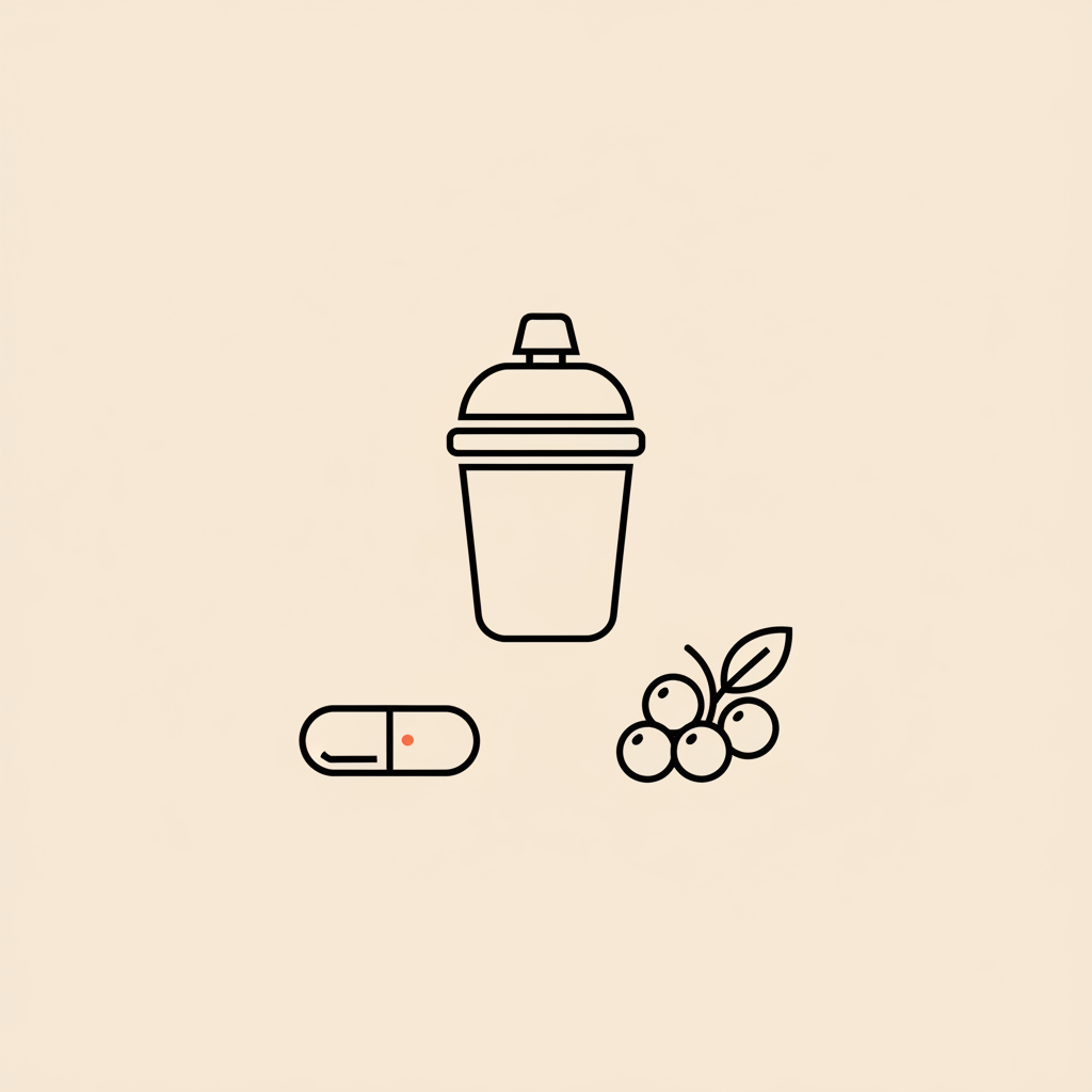 Minimal Tonum-style line illustration of a protein shake bottle, capsule, and berry cluster on beige background #F2E5D5 for best protein shakes for women