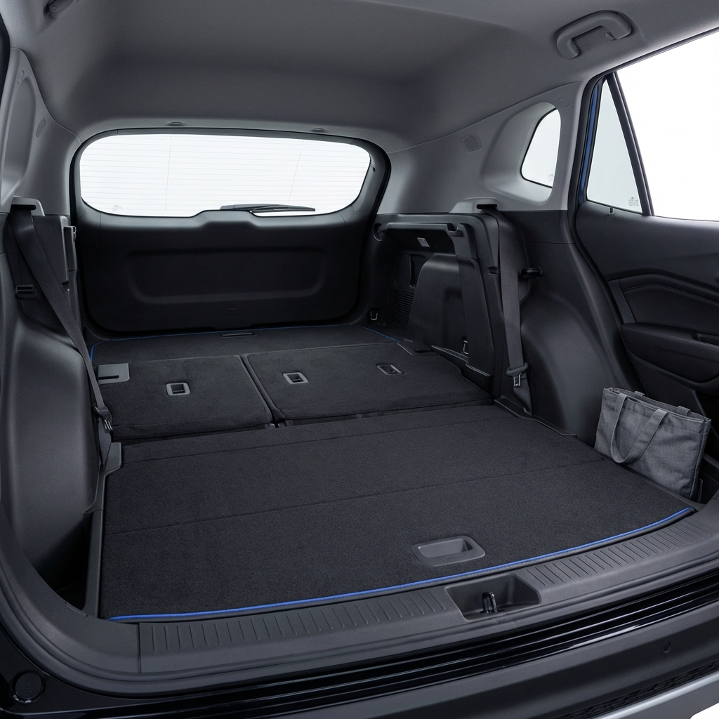 chevrolet trax car cargo area with rear seats folded flat in a clean minimalist white interior showing spacious trunk and folded charcoal upholstery