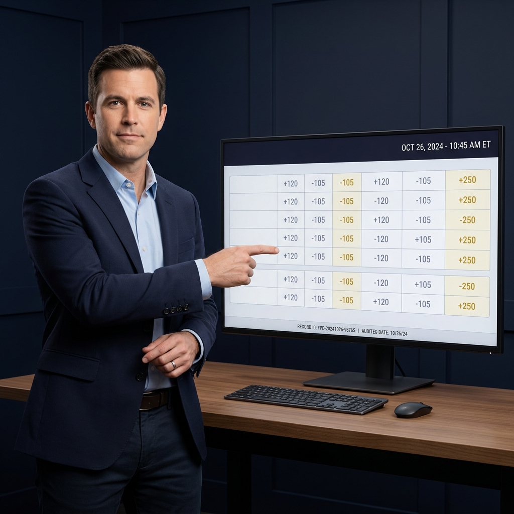 Host pointing at monitor showing odds lines and a timestamp to highlight transparent record keeping bet on it wager talk