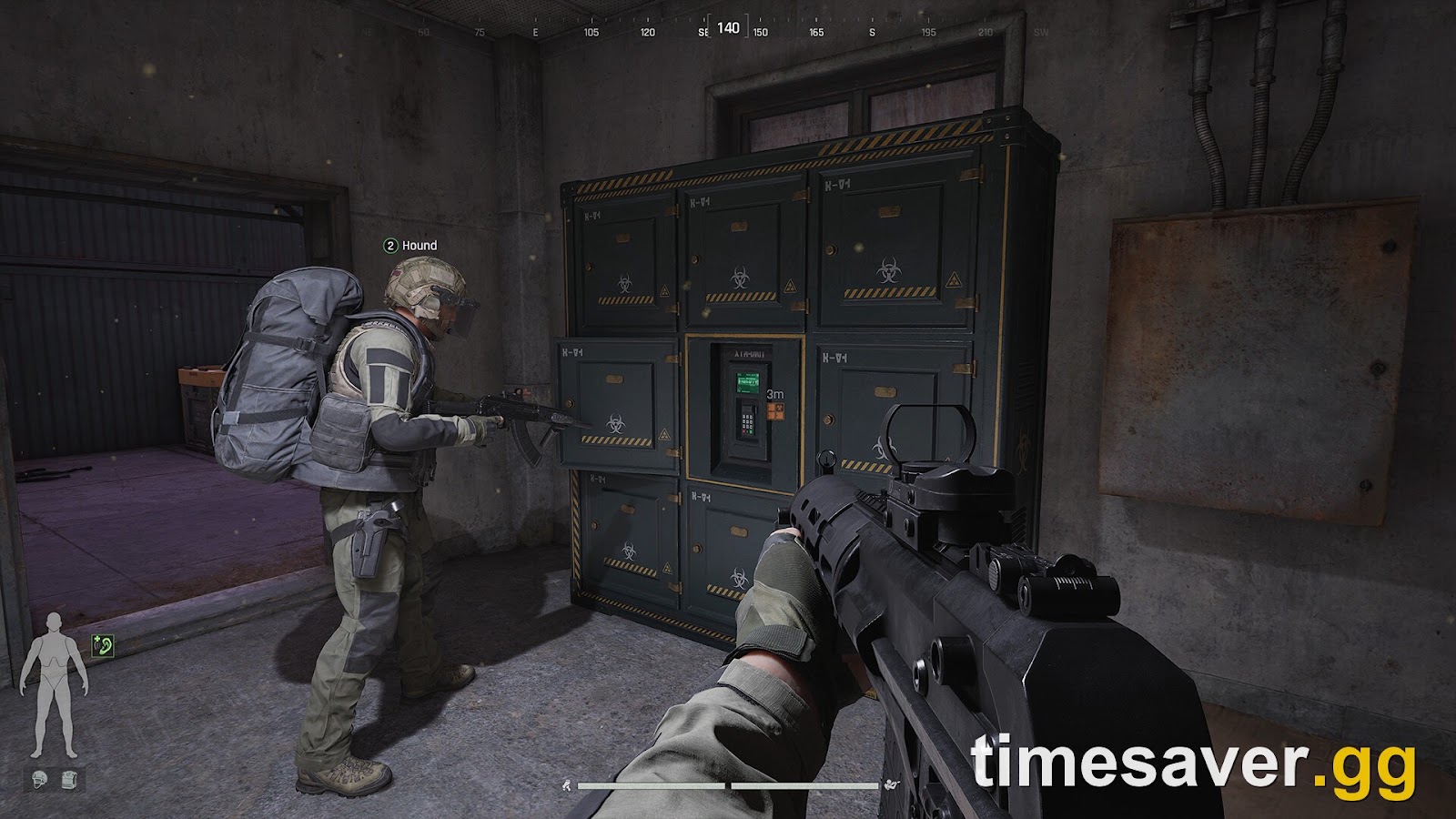 Arena Breakout: Infinite interior raid — an Operator advancing on a wall of biohazard storage lockers with a teammate, weapon forward, the close-quarters loot fight where gear tier decides who walks out