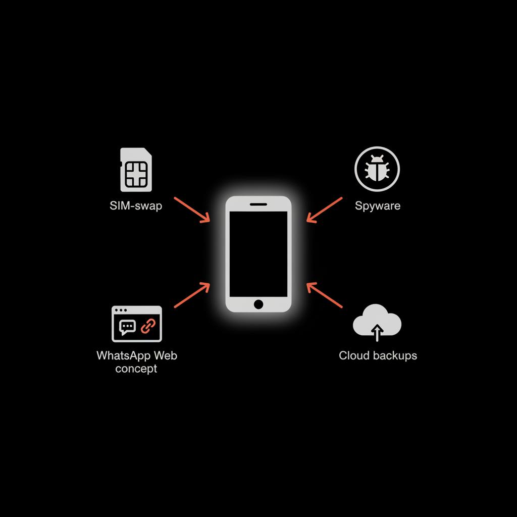 Minimal 2D vector infographic showing arrows from SIM-swap, spyware, WhatsApp Web and cloud backups pointing to a central phone icon to illustrate how to trace WhatsApp account