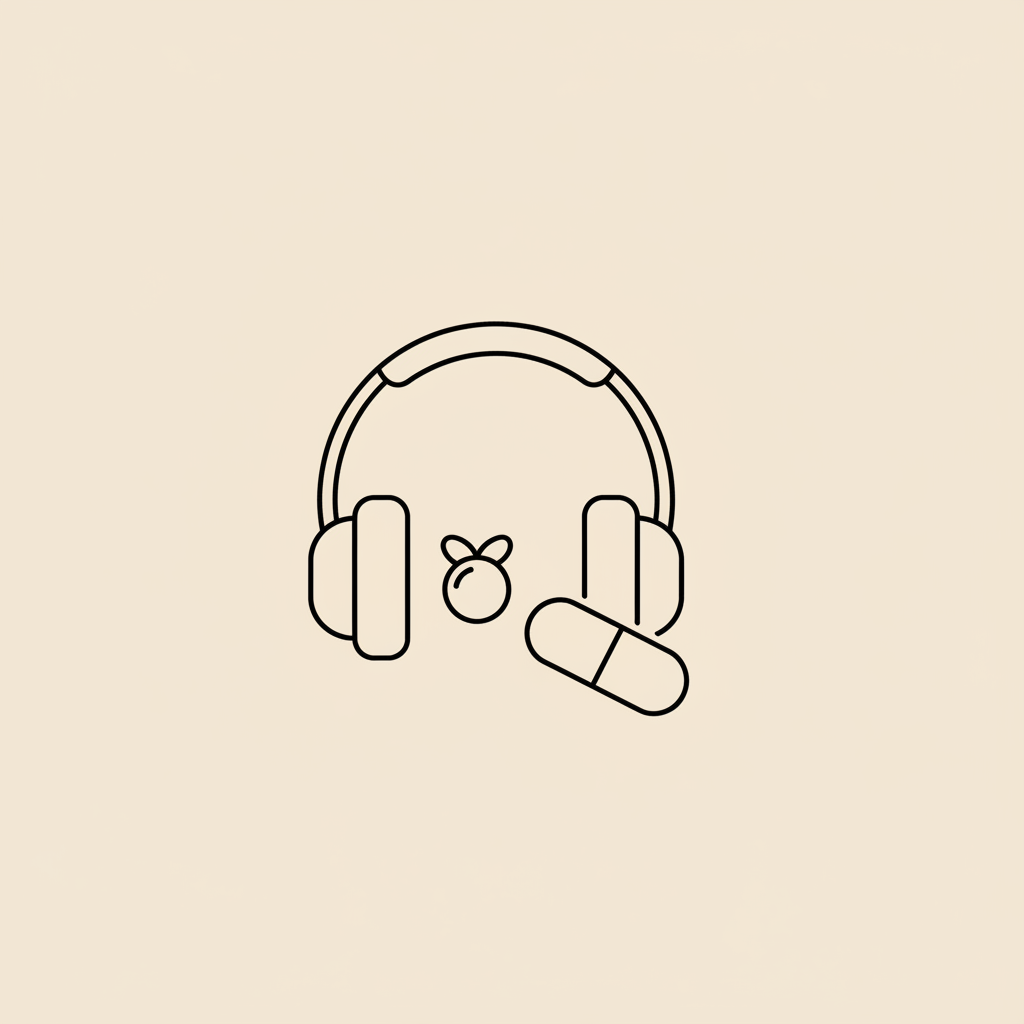 Minimalist Tonum-style line illustration of over-ear headphones, a supplement capsule and a small berry on a beige background, referencing green tea extract.