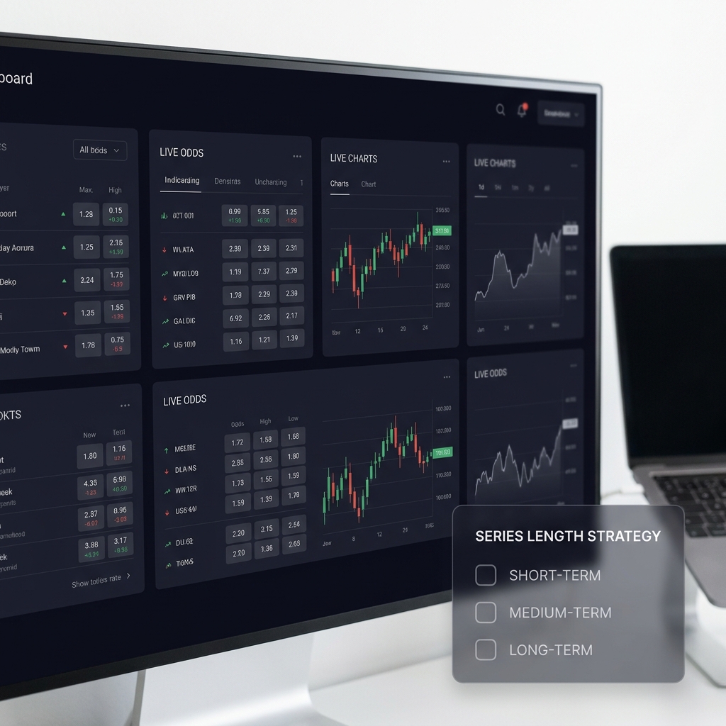 Close up modern trading dashboard showing live odds tables charts and a small minimal checklist overlay for series length strategy comparing Trading Best-of-Three vs Best-of-Five Matches