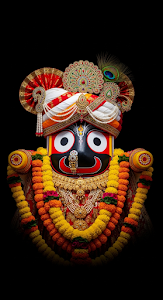 Close-up of Lord Jagannath Idol with Colorful Turban and Jewelry