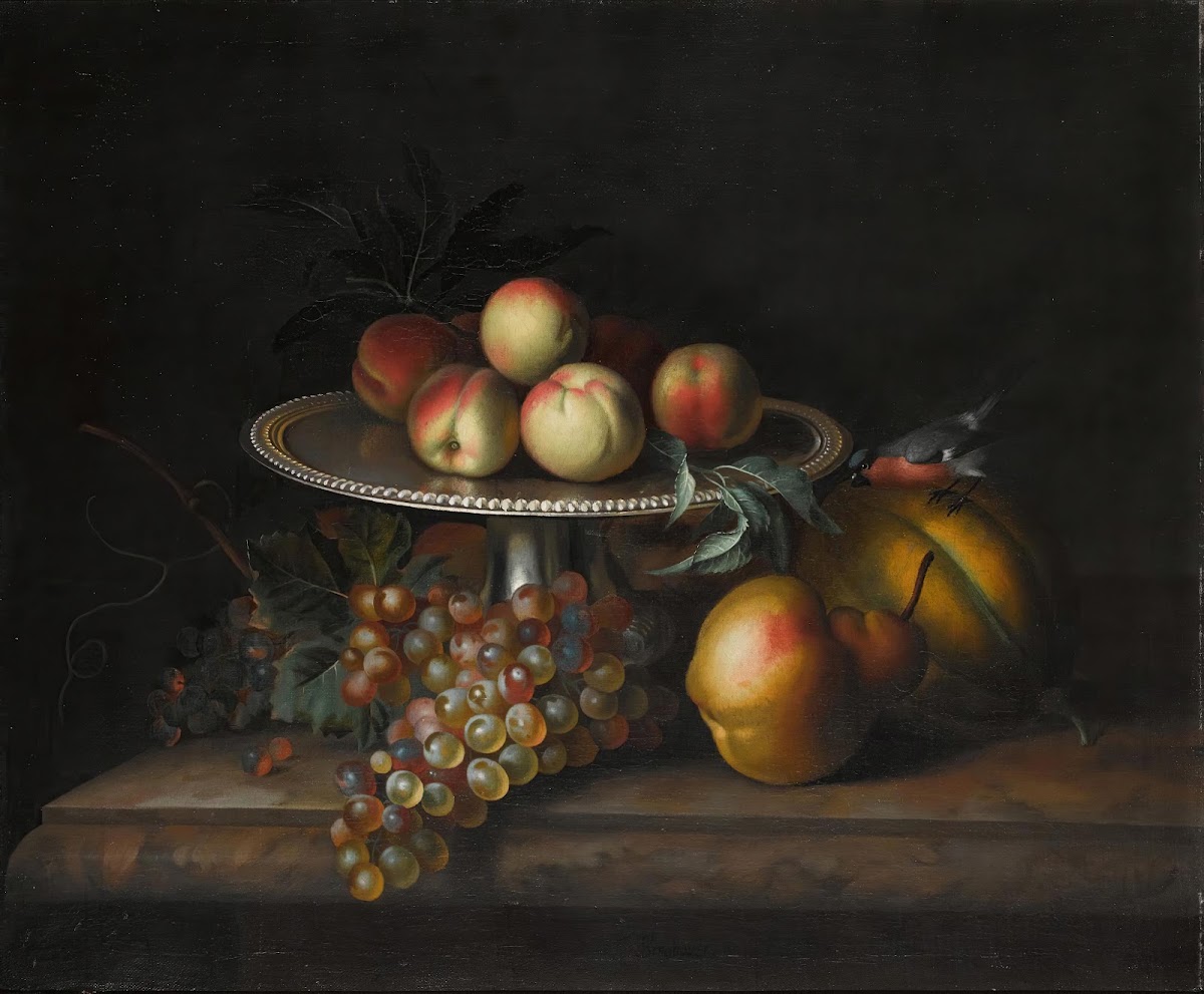 Peaches On A Silver Tazza With Grapes A Pear A Melon And A Bird On A Marble Ledg