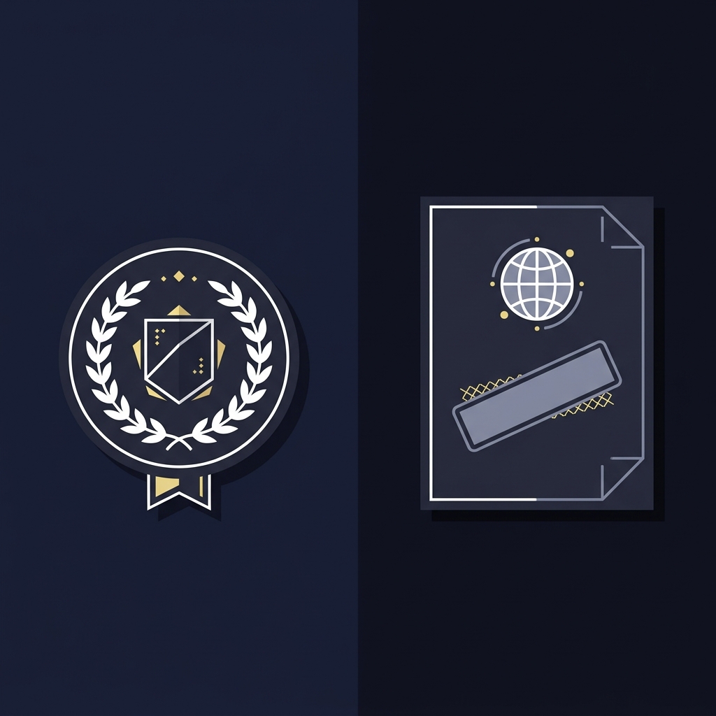 Minimal 2D vector comparison of a regulator seal and a foreign license certificate illustrating compliance difference for offshore sports betting sites using Funded Plays color palette