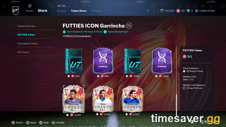 EA FC 26 Season 9 FUTTIES Token Store in-game, showing the FUTTIES, Champions and FoF Token tabs, Token costs and the weekly limit
