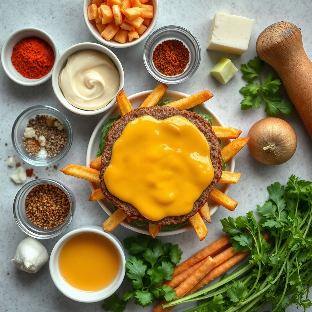 Ingredients for Crispy Smash Burger Fries with Cheddar Cheese Sauce – Easy Homemade Comfort Food