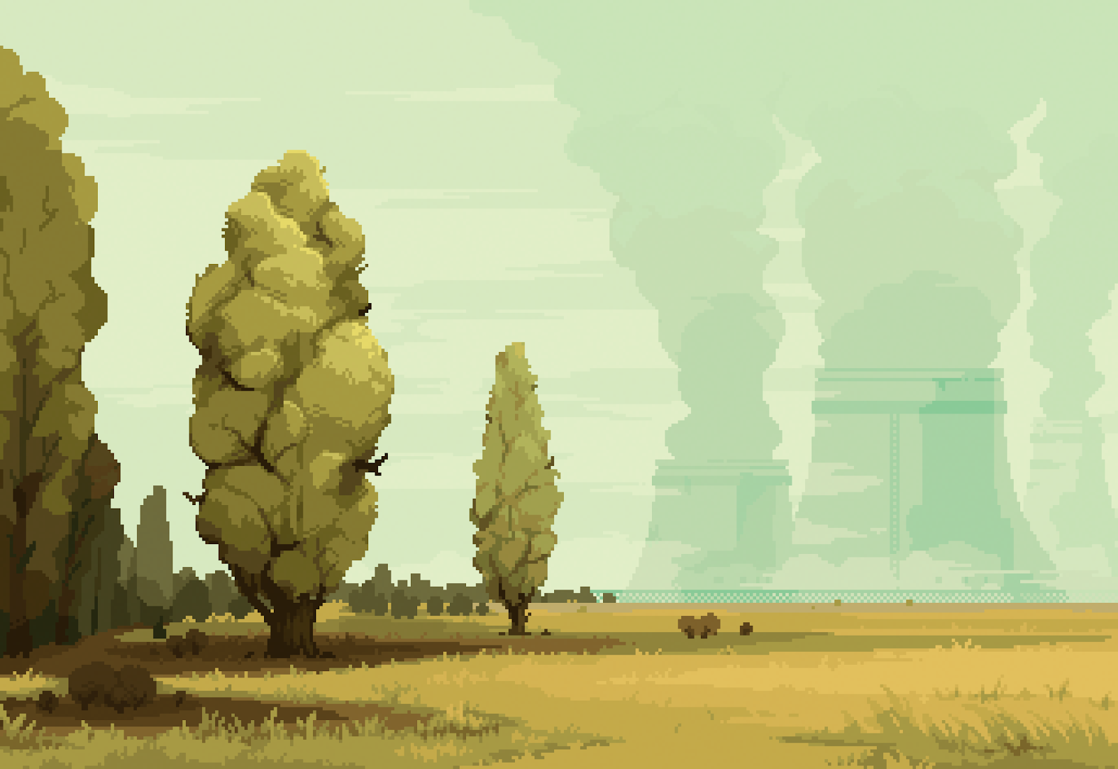 A Stunning Entairon Kizon, Power Plant, Trees, Clouds, Pixel Art 4K Desktop and Mobile Wallpaper Background (3840x2642)
