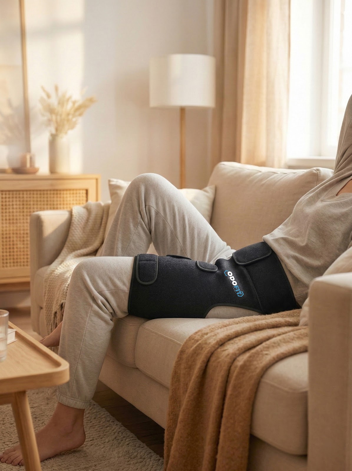 Wearing ODOFIT hip brace relaxing at home