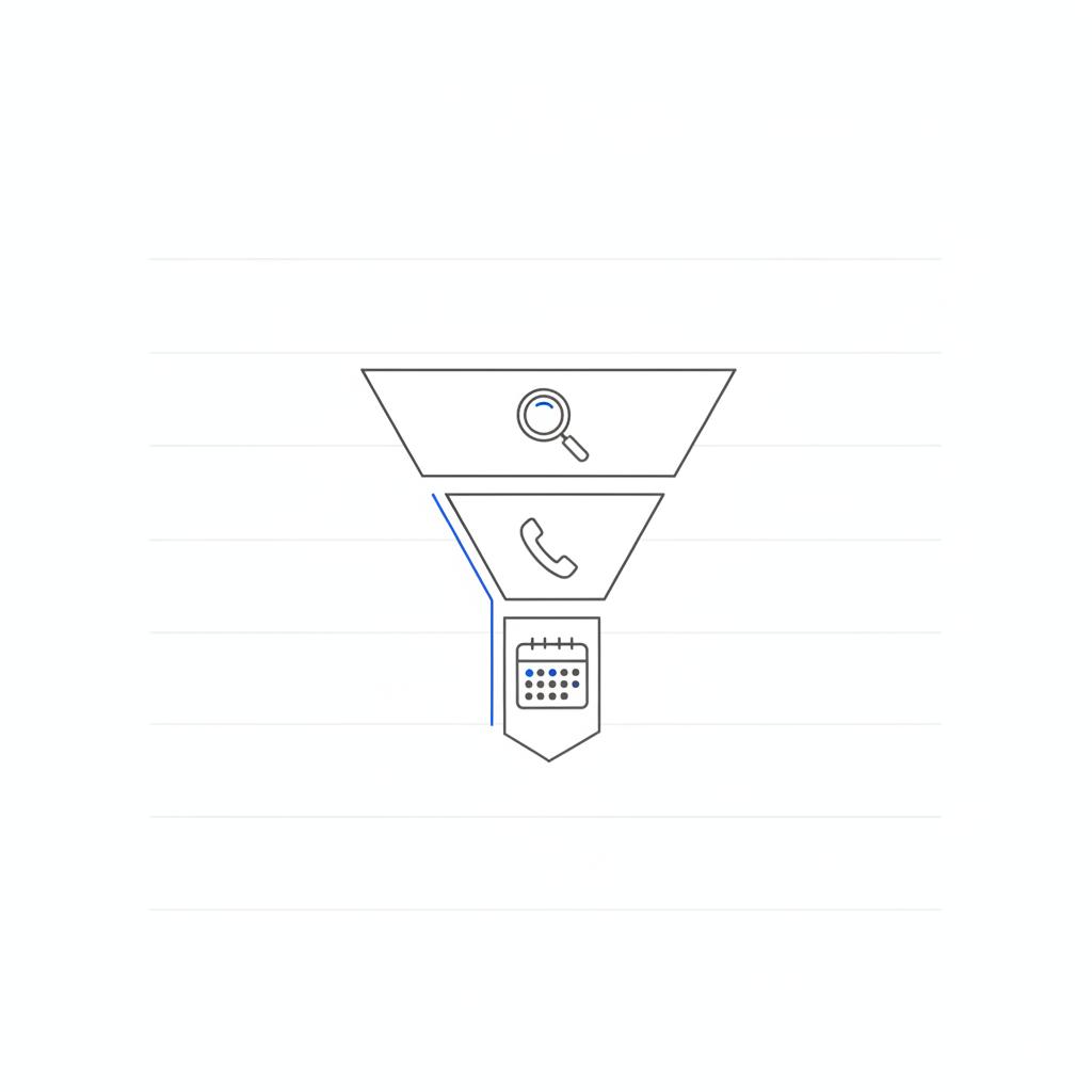 Minimal 2D vector funnel with magnifying-glass, phone, and calendar icons representing a search-intent to booked-jobs pipeline for Google LSA pricing