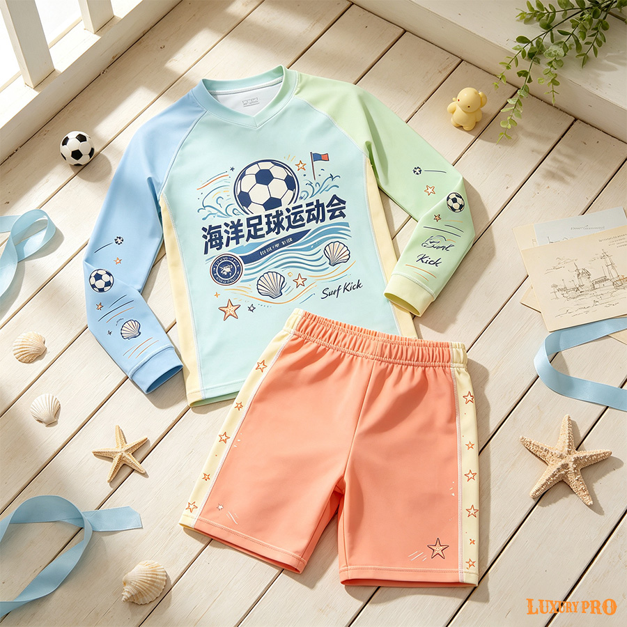 AOP MEG Kids Raglan V-Neck Soccer Jersey With Cuffs + MEG Kids Boardshorts