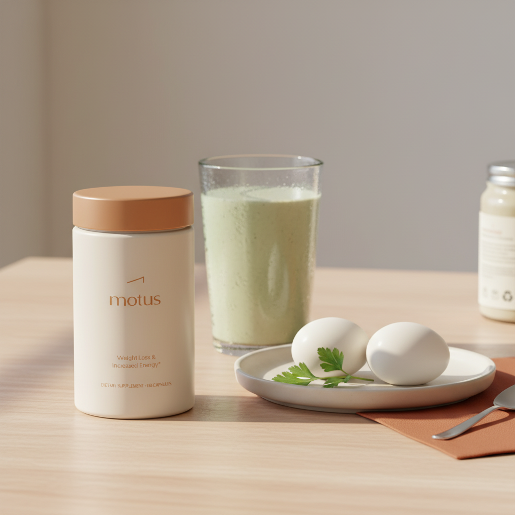 Minimal breakfast scene with Tonum Motus bottle beside a protein shake, two eggs and herbs on a light wood table, promoting protein for weight loss.