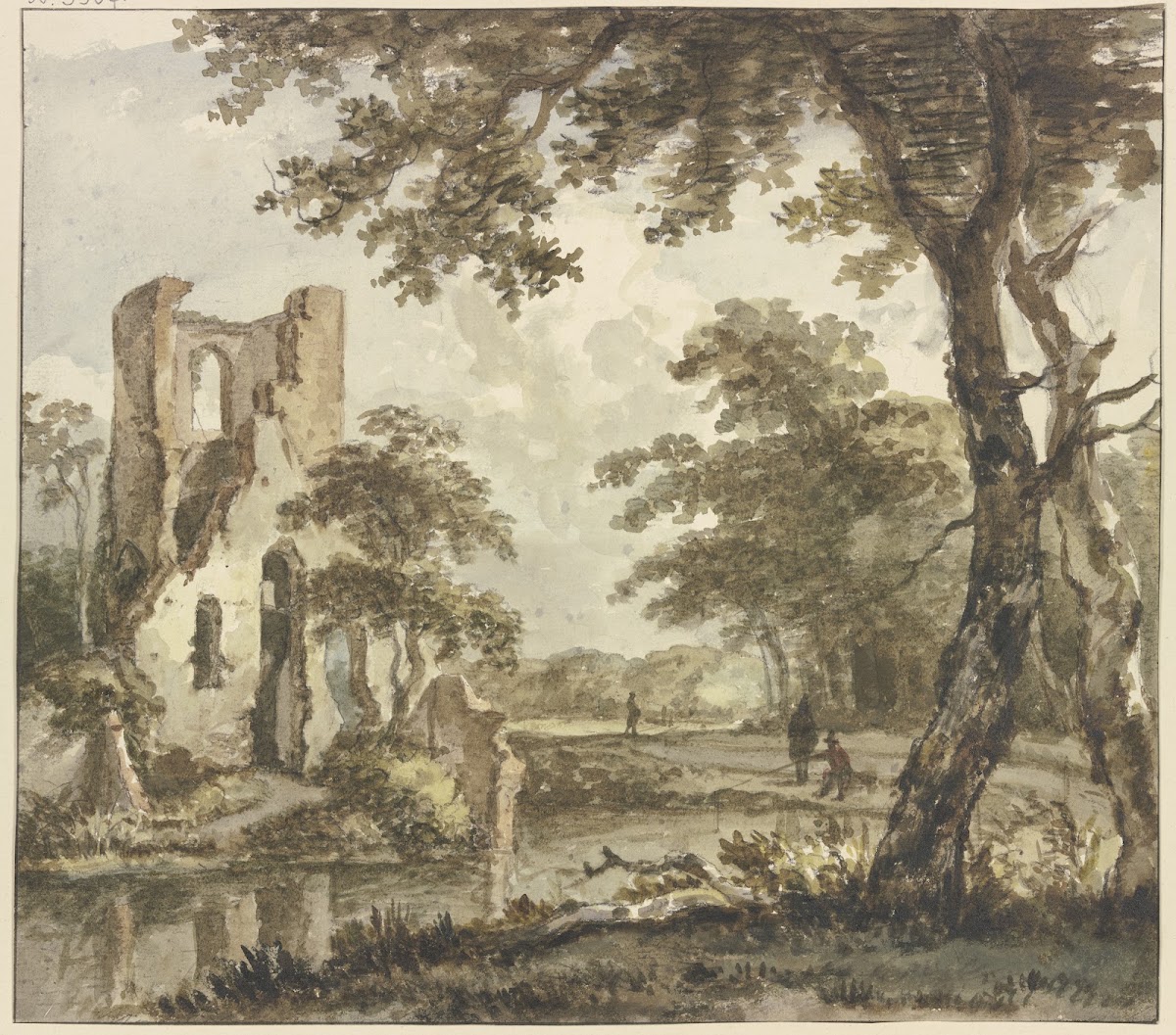 Links am Wasser eine Ruine rechts ein Angler und zwei weitere Figuren