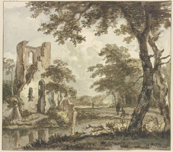 Links am Wasser eine Ruine rechts ein Angler und zwei weitere Figuren
