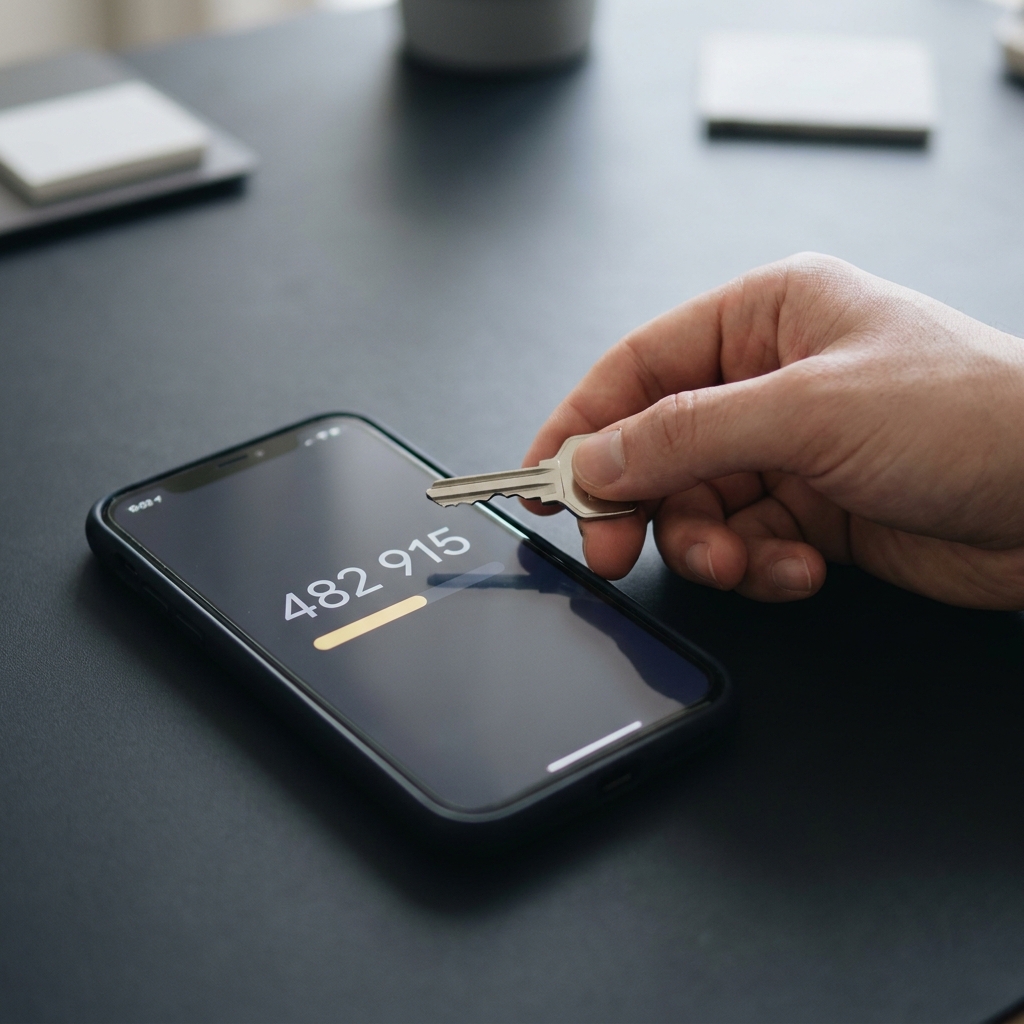 How to Troubleshoot Common Account Issues close up of an unbranded hand holding a hardware security key next to a smartphone displaying a six digit TOTP code on a minimalist dark background