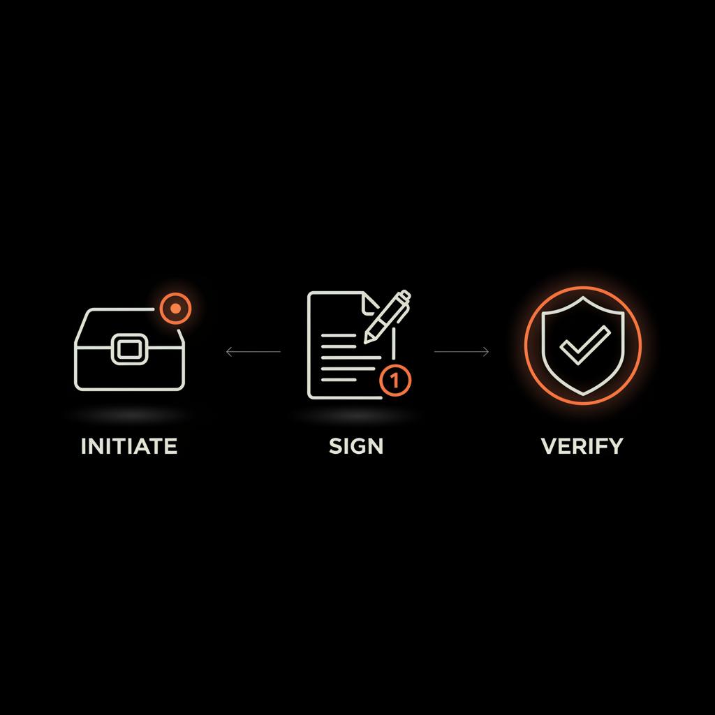 Minimal black-background infographic showing a secure three-step transfer flow with escrow, contract, and verification icons — guide to buy Instagram accounts.
