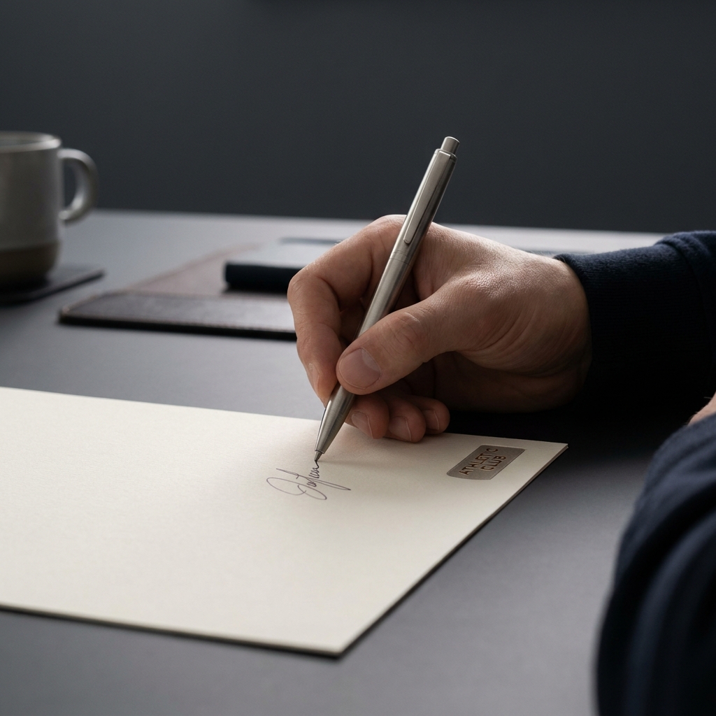Close up of a hand signing a contract with a subtle Athletic Club badge on the page minimalist dark Funded Plays color background athletic bilbao prediction