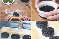 Chia bột thành từng viên nhỏ, mỗi viên tầm 55g. Sau đó cán dẹp rồi bọc nhân lại, cho vào khuôn (có chống dính một lớp dầu ăn mỏng) để tạo hình bánh. Nướng bánh lần 1 ở nhiệt độ 200 độ C trong vòng 8 phút. Sau đó, lấy ra xịt nước để cho bánh nguội, rồi quét một lớp dầu mè mỏng lên bánh. Nướng bánh lần 2 trong vòng 10 phút ở 200 độ C.