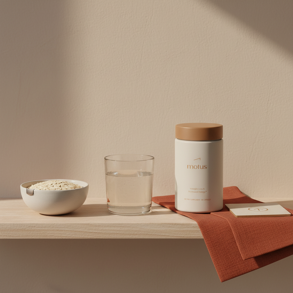 Minimalist kitchen shelf with Motus supplement jar beside a bowl of oats and a glass of water, suggesting protein shake preparation for weight loss.