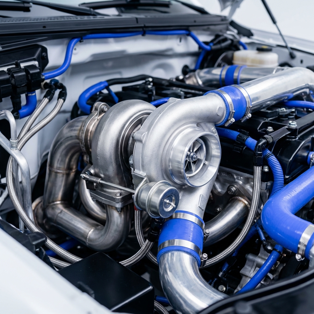 Close up clean well lit turbocharger and engine bay of an EcoBoost equipped Ford F150 high detail minimalist styling ford f150 raptor for sale