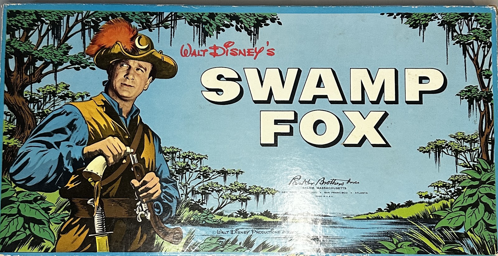 Walt Disney's Swamp Fox board game by Parker Brothers, 1960, with painted Southern-swamp cover art