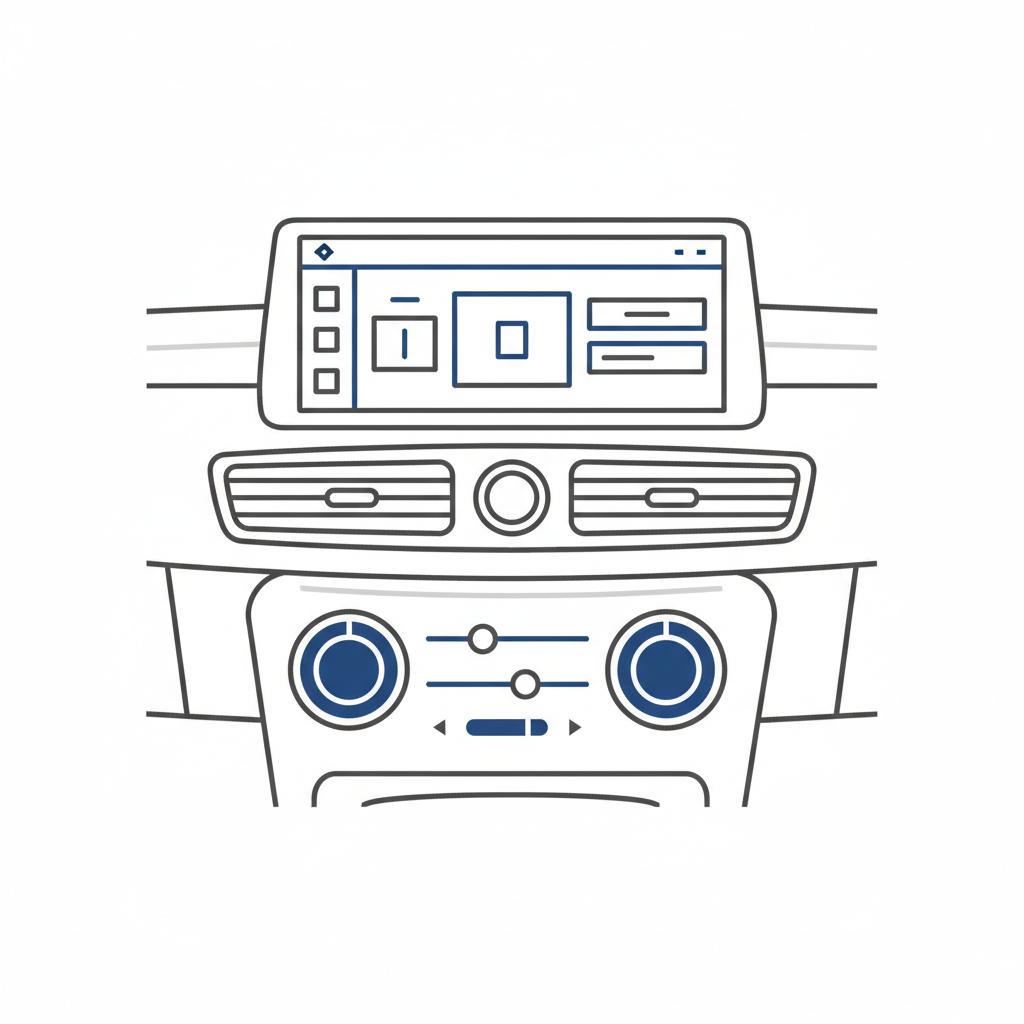 Minimalist 2D vector illustration of a luxury sedan dashboard and infotainment screen showing audio and climate controls on white background, lexus es 350 for sale