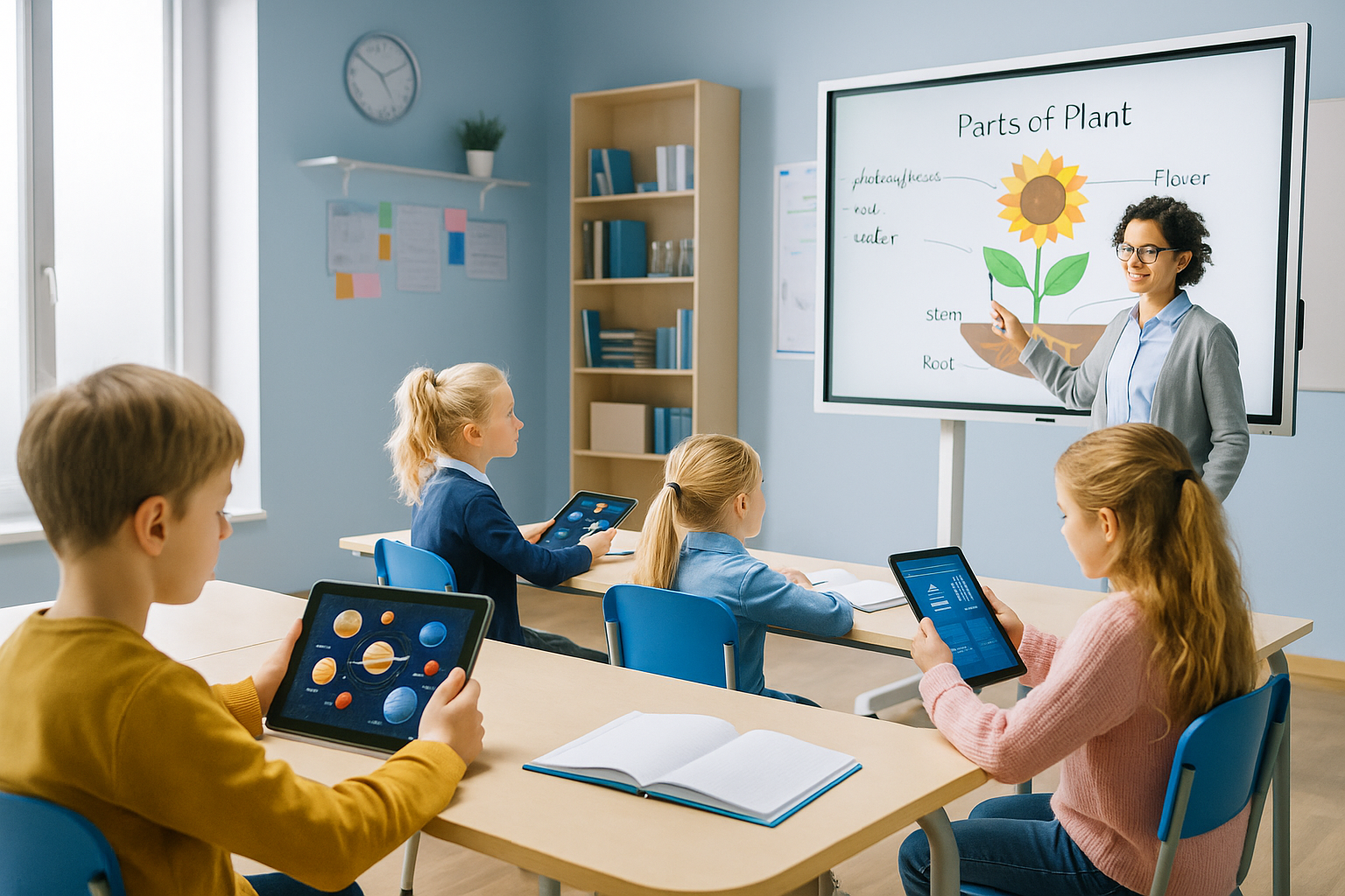 A teacher using a large interactive touchscreen in a modern classroom with students.