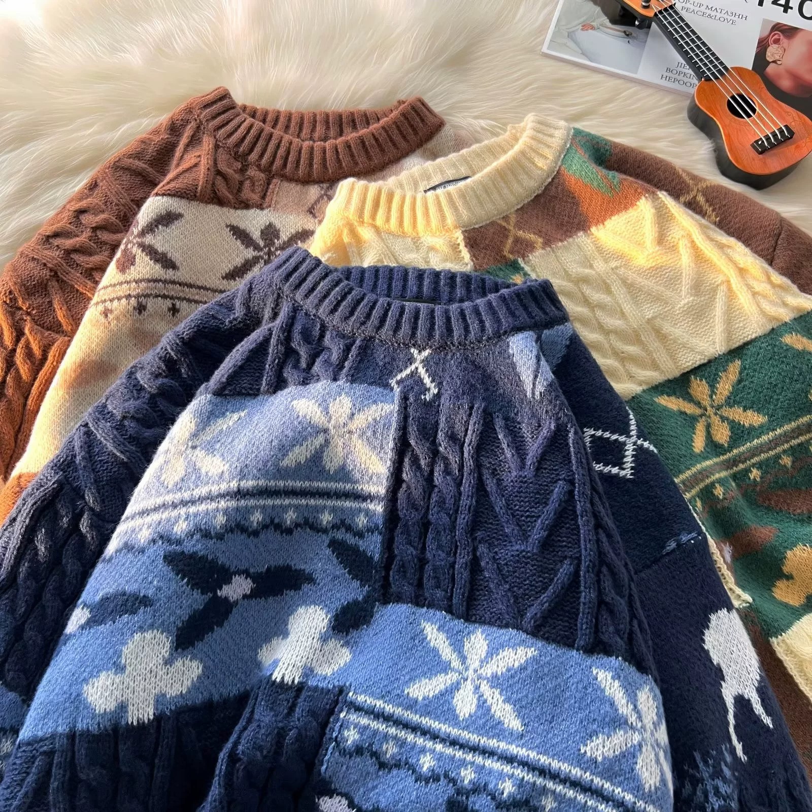 Retro cable-knit sweater for couples, festive cable pattern