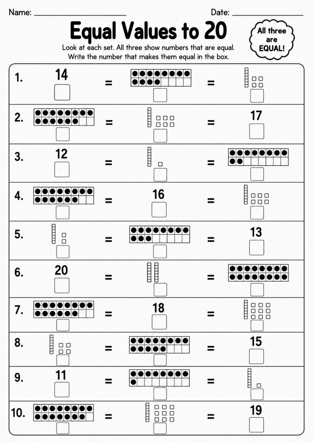 Equal Values to 20 Worksheet
