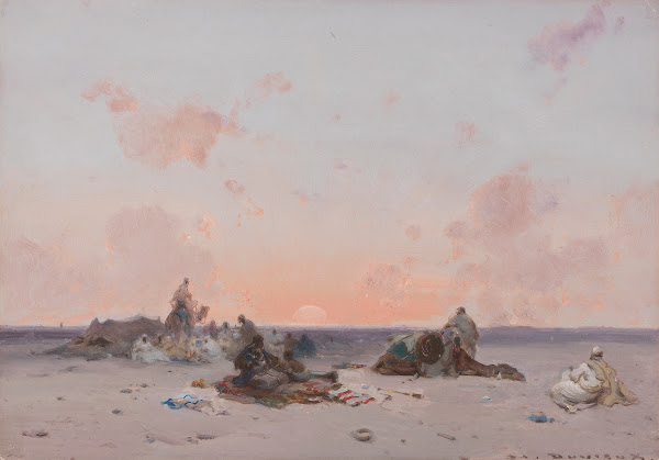 Sunset in the desert over a Bedouin camp