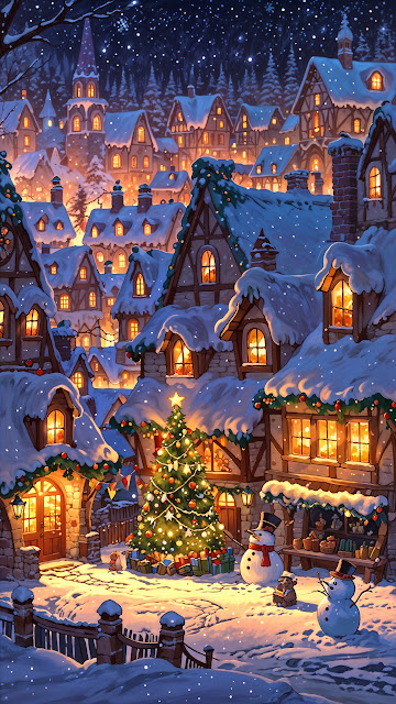 Cozy Snowy Village with Christmas Tree at Night - Free mobile Wallpaper
